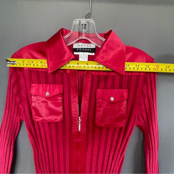 Vintage Wayne Rogers 70% silk and spandex long sleeve collared top with zipper - Picture 10 of 11